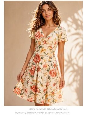 Romantic Garden Party Floral Dress L Fit & Flare Cream Wedding Guest